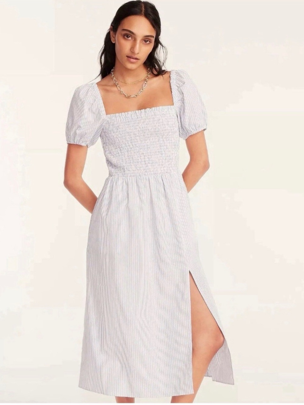NWT J. Crew Short-Sleeve Smocked Dress in Stripe Blue/White Cotton Small